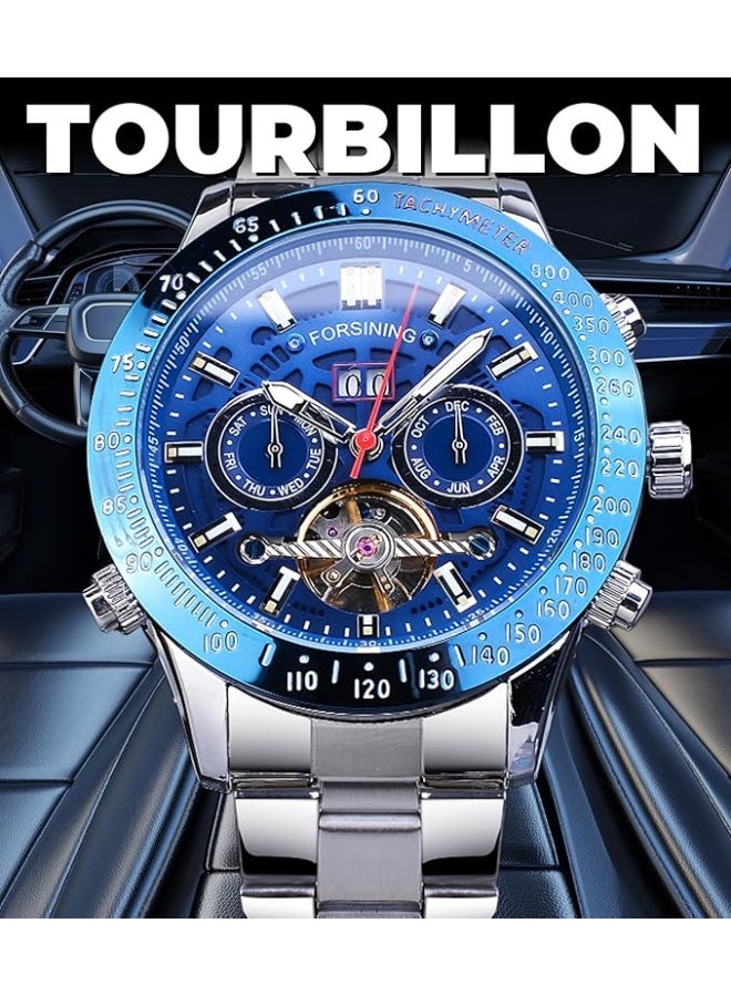 FORSINING Men Tourbillon Mechanical Self-Wind Watch, Day Date Month Full Calendar, Luminous Tachymeter Multifunctional Automatic Watches, Carved Big Dial Stainless Steel Band Wrist Watch - Image 4